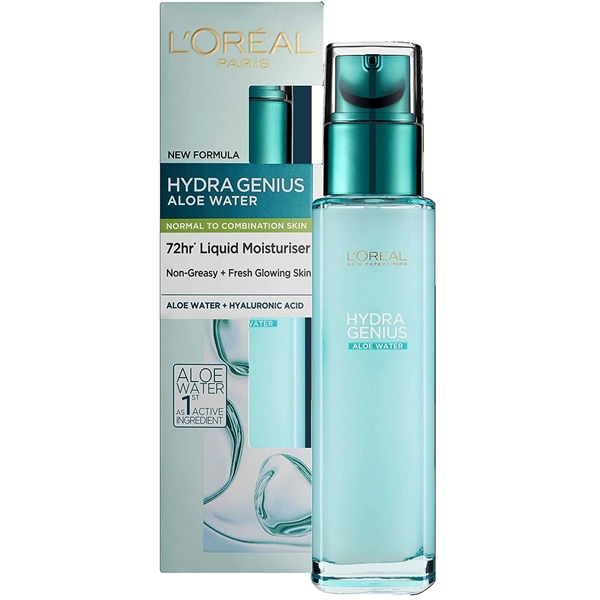 سرم آبرسان لورال هیدرا جنیوس پوست نرمال تا چرب 72 ساعته  پمپی70 میل | L'OREAL Hydra Genius Aloe Water + Hyaluronic Acid Normal to Combination Skin 72hr